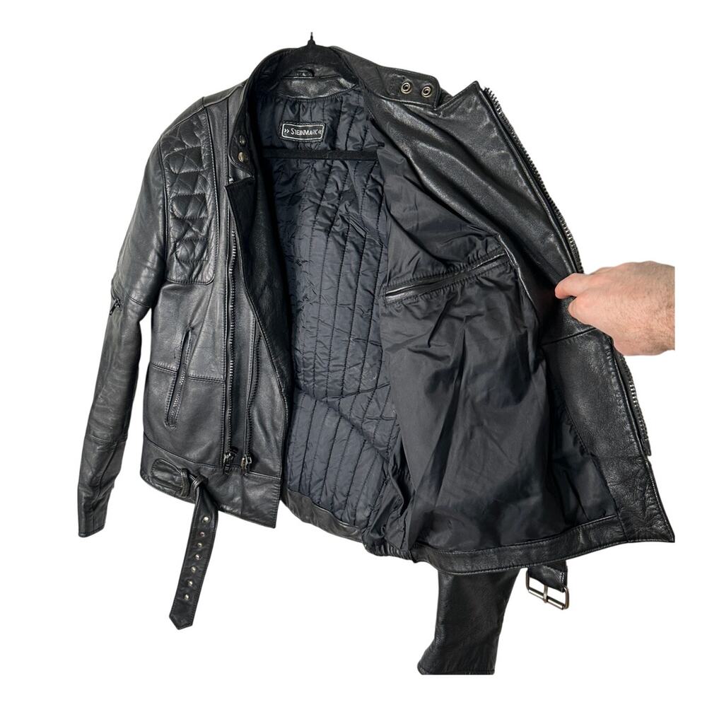 Steinmark L Wilsons $650 Heavy LEATHER Motorcycle Jacket Rider Safety Black 44 - Picture 4 of 12